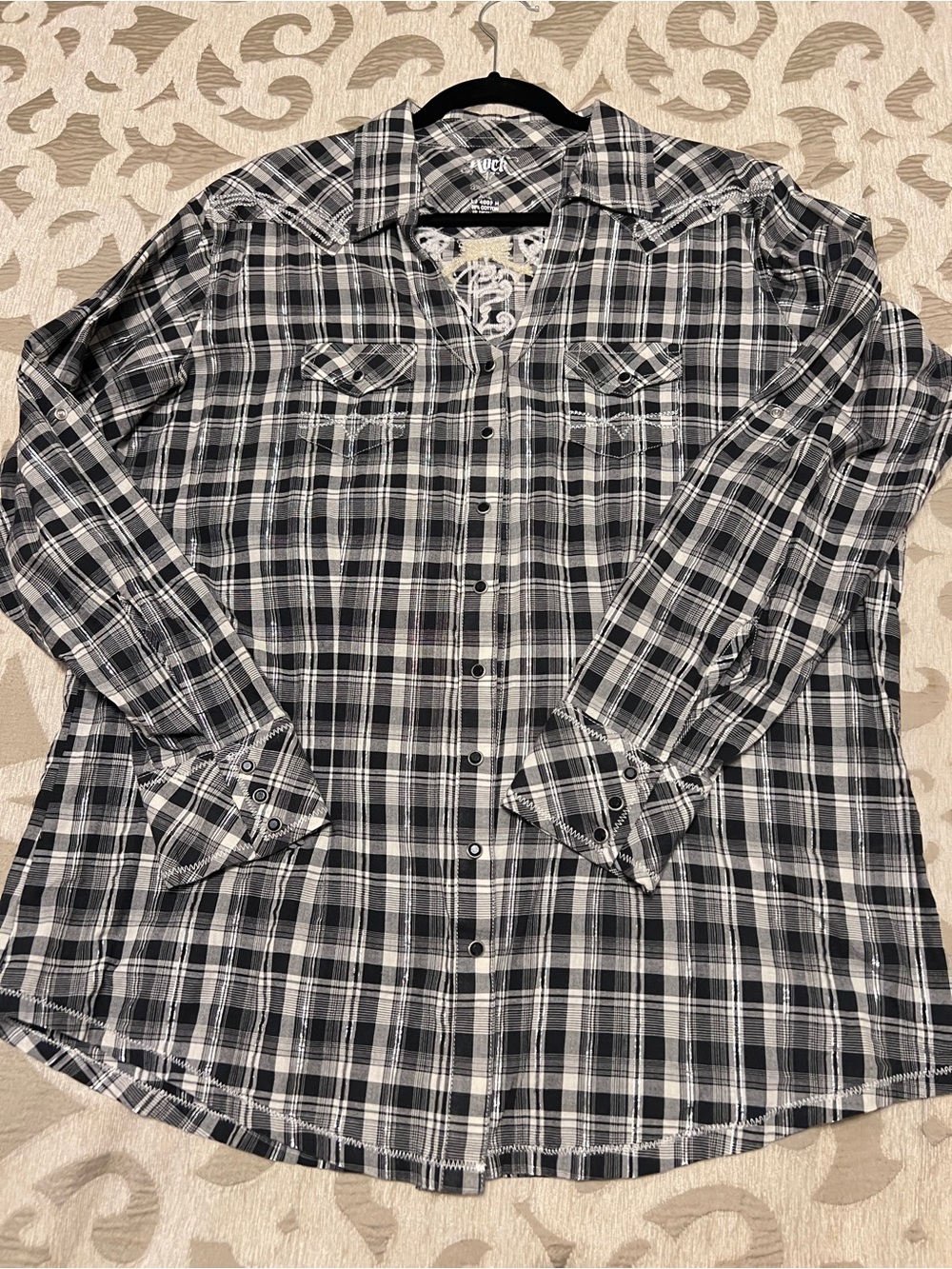 Wrangler Rock 47 Women's Metallic Long Sleeve Plaid Western Button-Up Shirt XXL